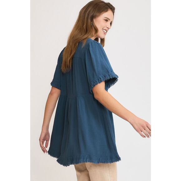 Umgee Raw Hem Detail Notch Neck Relaxed Fit Babydoll Linen Blouse | French Blue - Picture 4 of 6